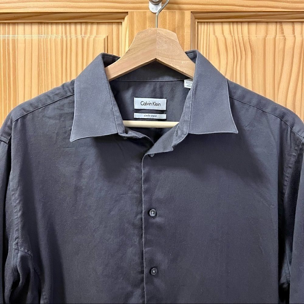 Calvin Klein slim fit stretch blue grey long sleeve button down dress shirt